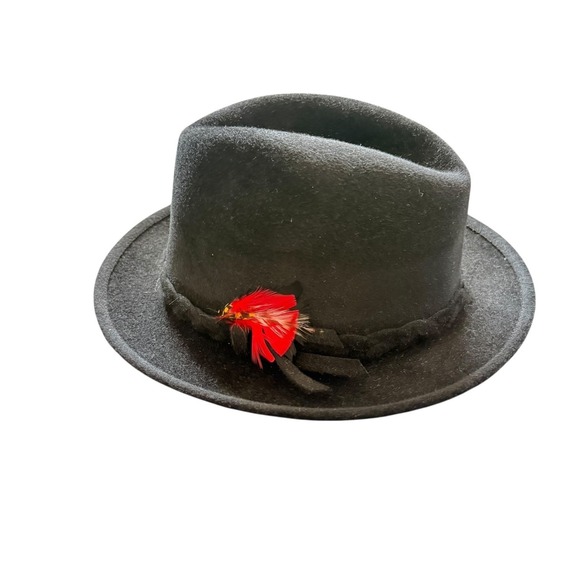 Mrs. Dewson's Hats Accessories - Mrs. Dewson's Hats Fedora Hat Black Red Feather Accent Size 6 7/8 Made in Canada